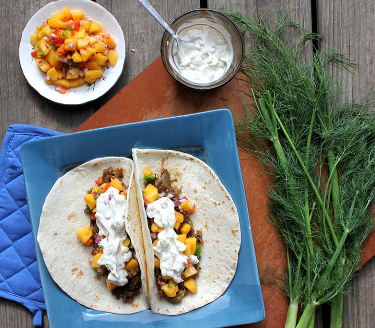 Bbq Eggplant Tacos With Peach Salsa And Fennel Sour Cream Vegetarian Ventures 