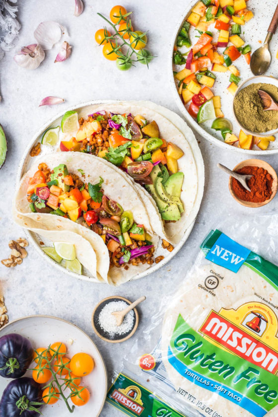 Walnut Meat Tacos with Peach Tomato Salsa (vegan, gluten-free)