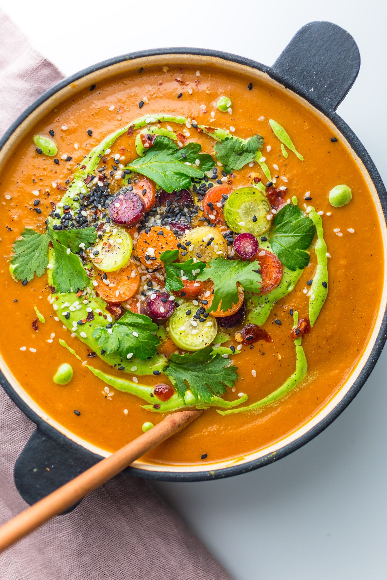 Spiced Carrot Soup with Green Tahini Swirl Vegetarian Recipe